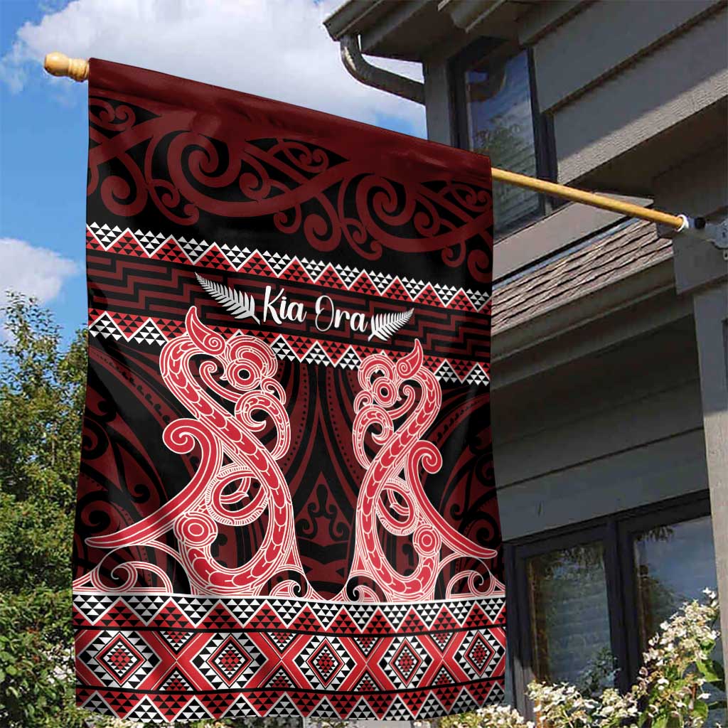 Kia Ora New Zealand Garden Flag Maori Language Week Whero Taniko Motif - Polynesian Pride