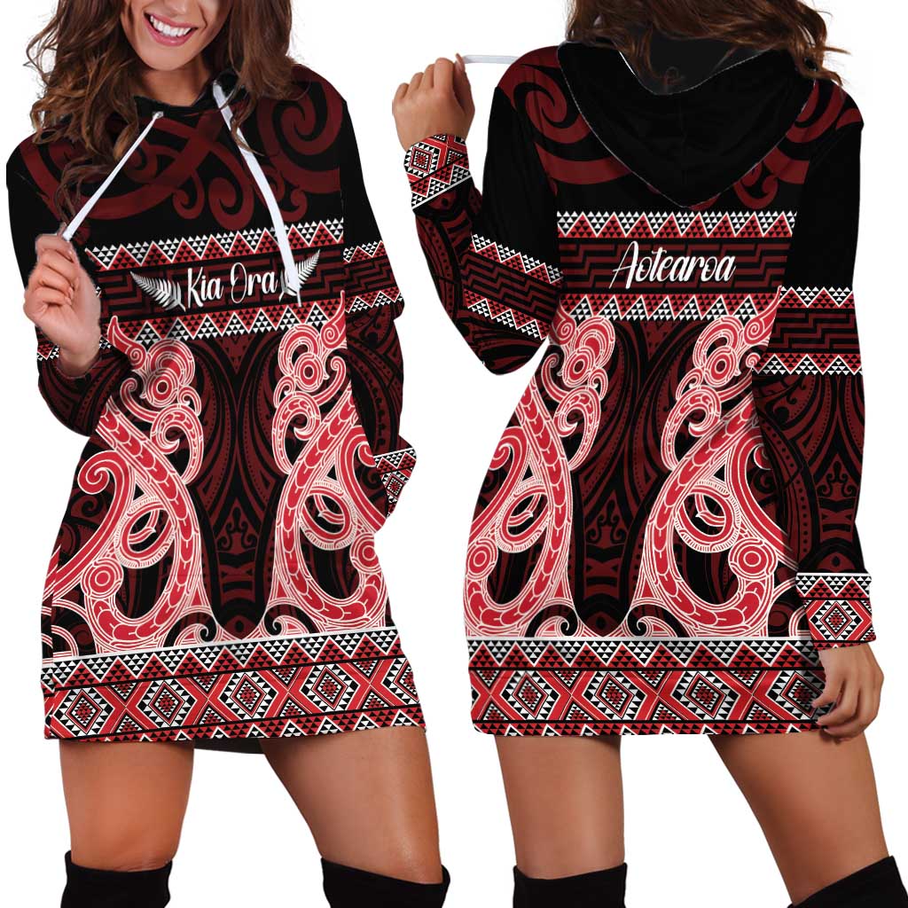 Kia Ora New Zealand Hoodie Dress Maori Language Week Whero Taniko Motif - Polynesian Pride