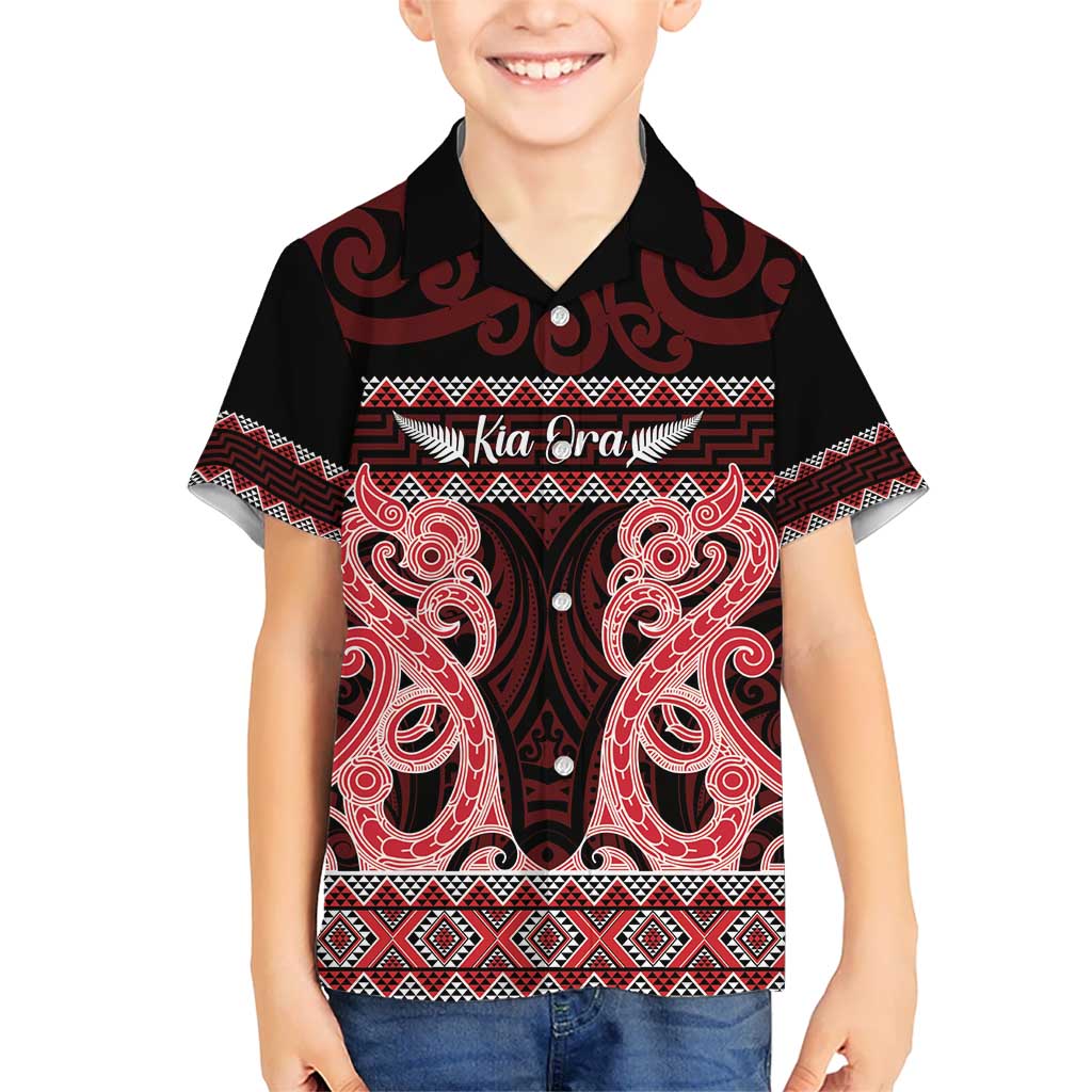 Kia Ora New Zealand Kid Hawaiian Shirt Maori Language Week Whero Taniko Motif - Polynesian Pride