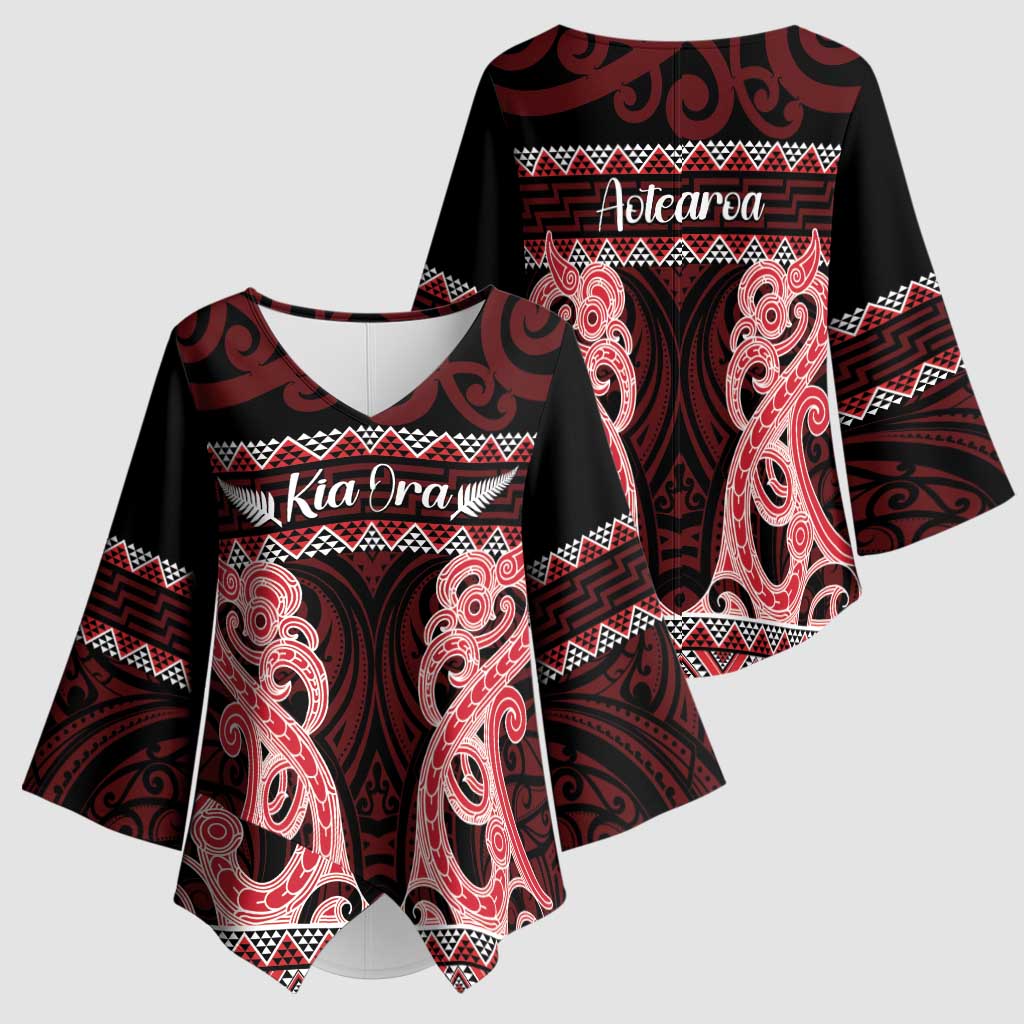 Kia Ora New Zealand Kimono Sleeve Blouse Maori Language Week Whero Taniko Motif - Polynesian Pride
