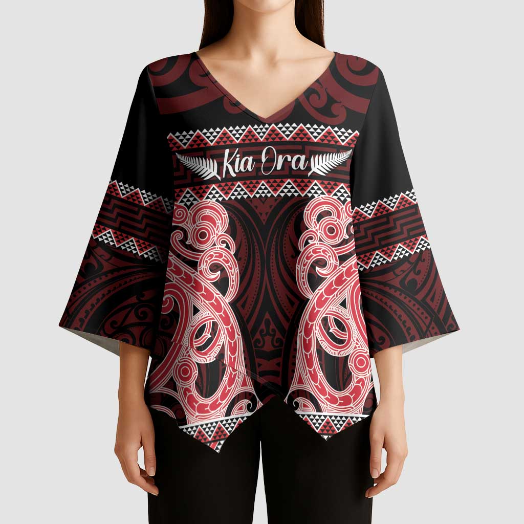 Kia Ora New Zealand Kimono Sleeve Blouse Maori Language Week Whero Taniko Motif - Polynesian Pride