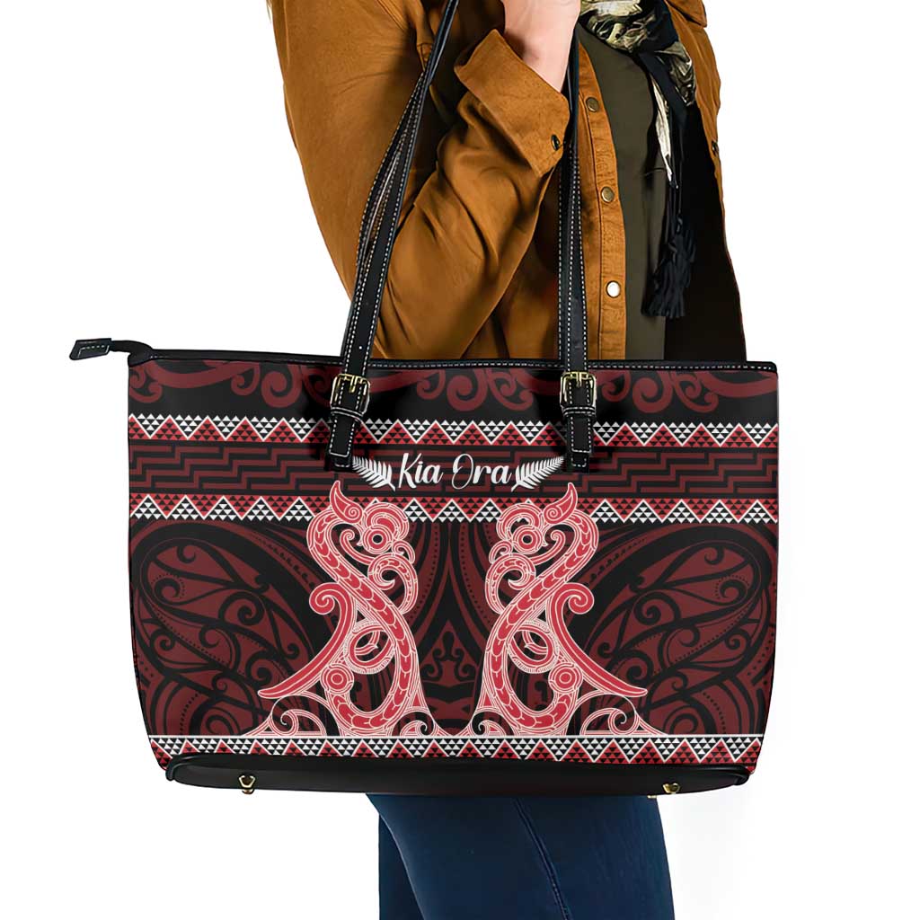 Kia Ora New Zealand Leather Tote Bag Maori Language Week Whero Taniko Motif - Polynesian Pride