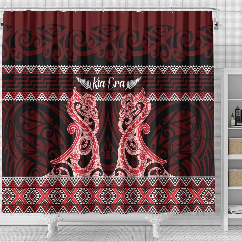 Kia Ora New Zealand Shower Curtain Maori Language Week Whero Taniko Motif - Polynesian Pride