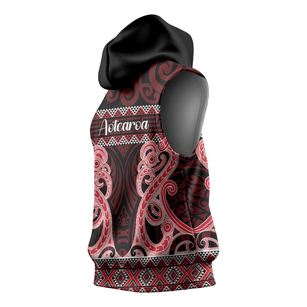 Kia Ora New Zealand Sleeveless Hoodie Maori Language Week Whero Taniko Motif - Polynesian Pride