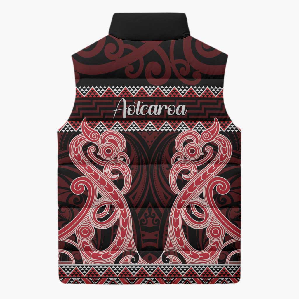 Kia Ora New Zealand Sleeveless Puffer Jacket Maori Language Week Whero Taniko Motif - Polynesian Pride