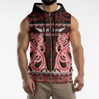 Kia Ora New Zealand Sleeveless Zip Hoodie Maori Language Week Whero Taniko Motif - Polynesian Pride