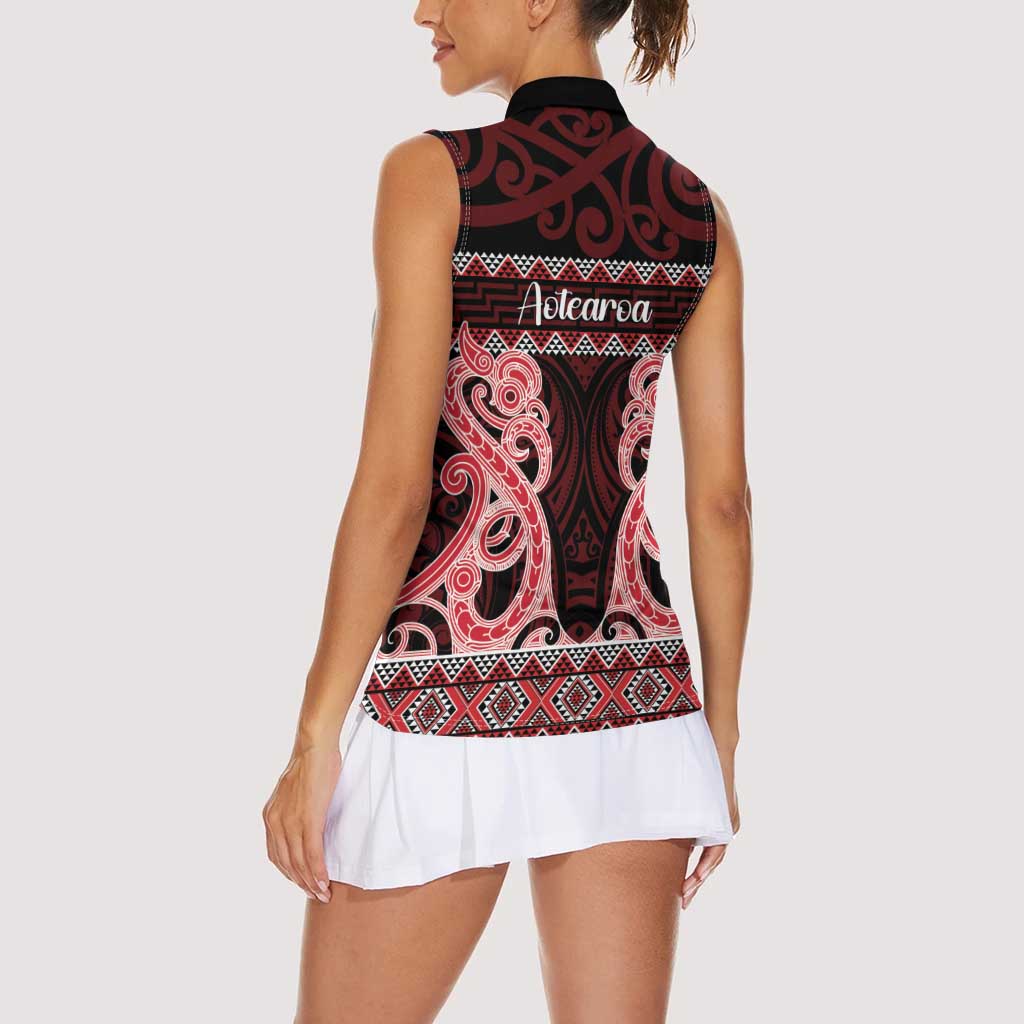 Kia Ora New Zealand Women Sleeveless Polo Shirt Maori Language Week Whero Taniko Motif - Polynesian Pride