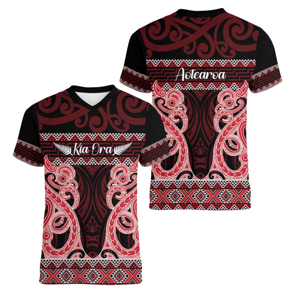 Kia Ora New Zealand Women V-Neck T-Shirt Maori Language Week Whero Taniko Motif - Polynesian Pride