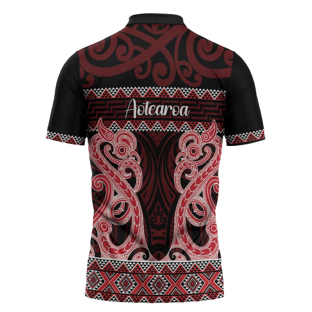 Kia Ora New Zealand Zipper Polo Shirt Maori Language Week Whero Taniko Motif - Polynesian Pride