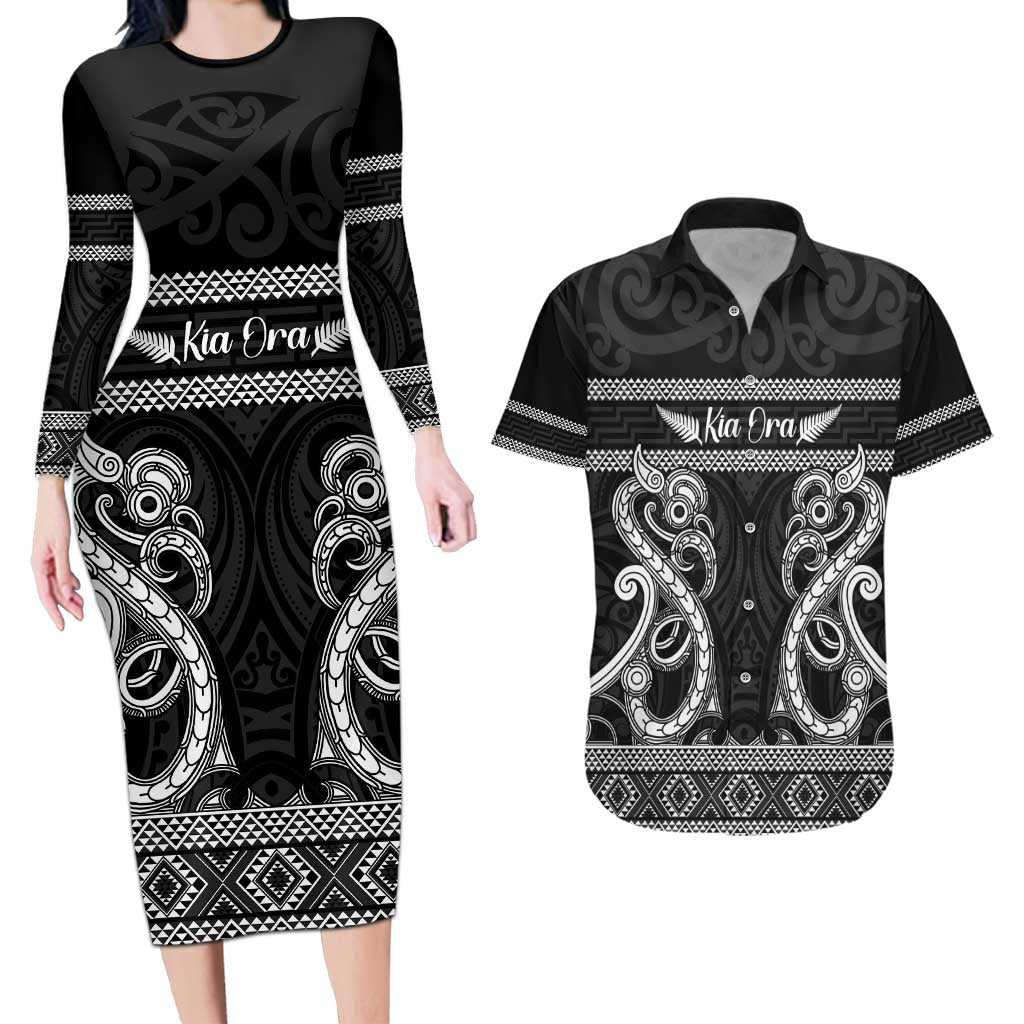 Kia Ora New Zealand Couples Matching Long Sleeve Bodycon Dress and Hawaiian Shirt Maori Language Week Pango Taniko Motif - Polynesian Pride