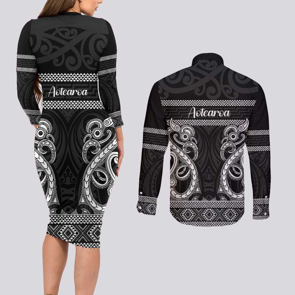 Kia Ora New Zealand Couples Matching Long Sleeve Bodycon Dress and Long Sleeve Button Shirt Maori Language Week Pango Taniko Motif - Polynesian Pride