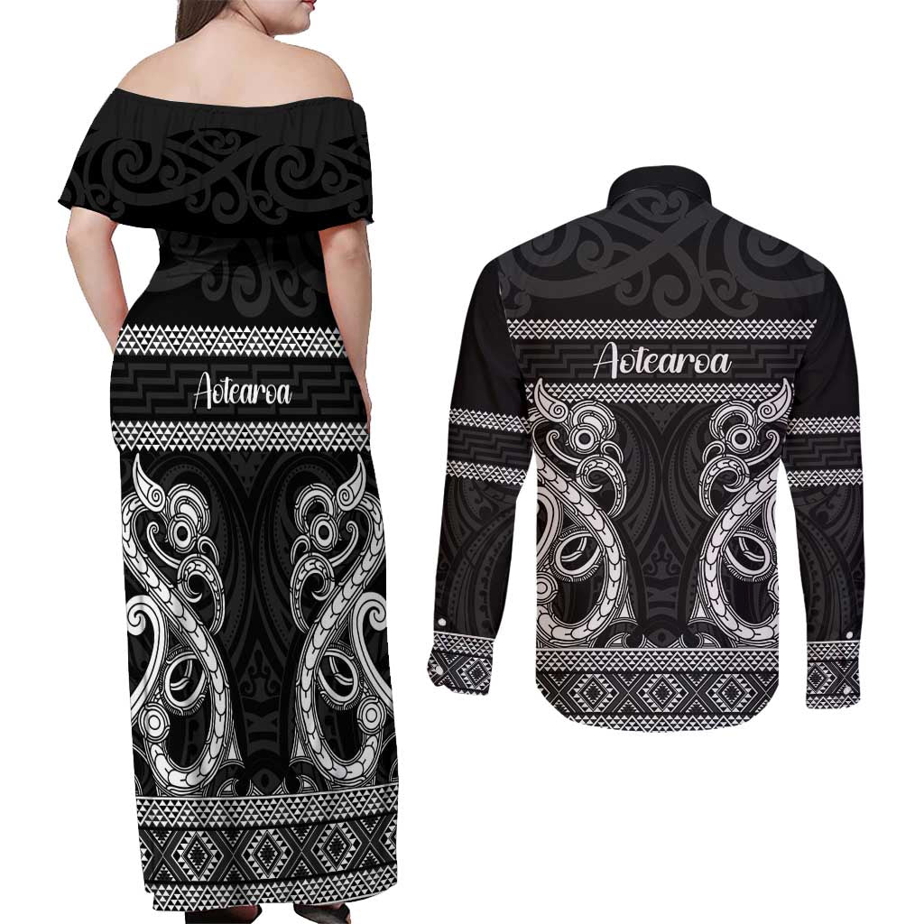 Kia Ora New Zealand Couples Matching Off Shoulder Maxi Dress and Long Sleeve Button Shirt Maori Language Week Pango Taniko Motif - Polynesian Pride