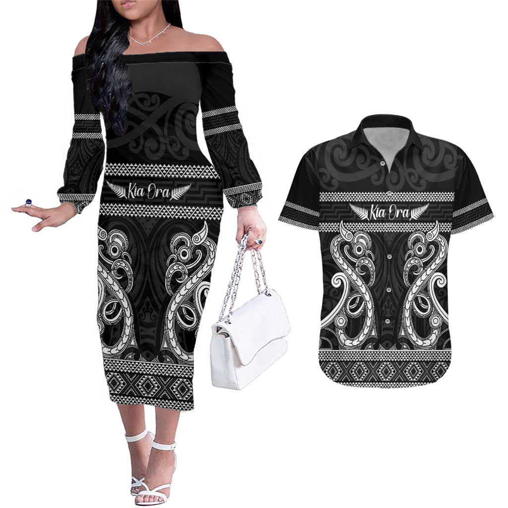 Kia Ora New Zealand Couples Matching Off The Shoulder Long Sleeve Dress and Hawaiian Shirt Maori Language Week Pango Taniko Motif - Polynesian Pride