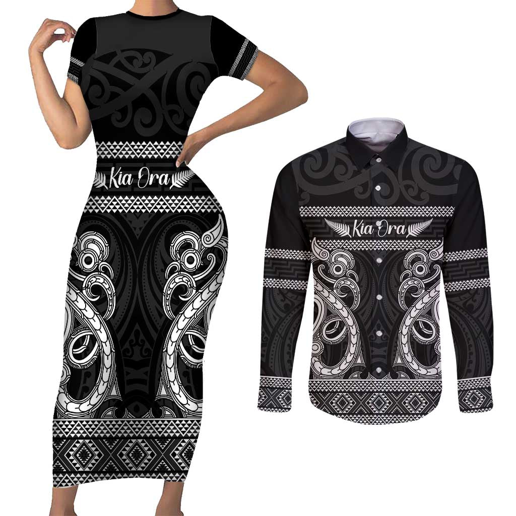 Kia Ora New Zealand Couples Matching Short Sleeve Bodycon Dress and Long Sleeve Button Shirt Maori Language Week Pango Taniko Motif - Polynesian Pride