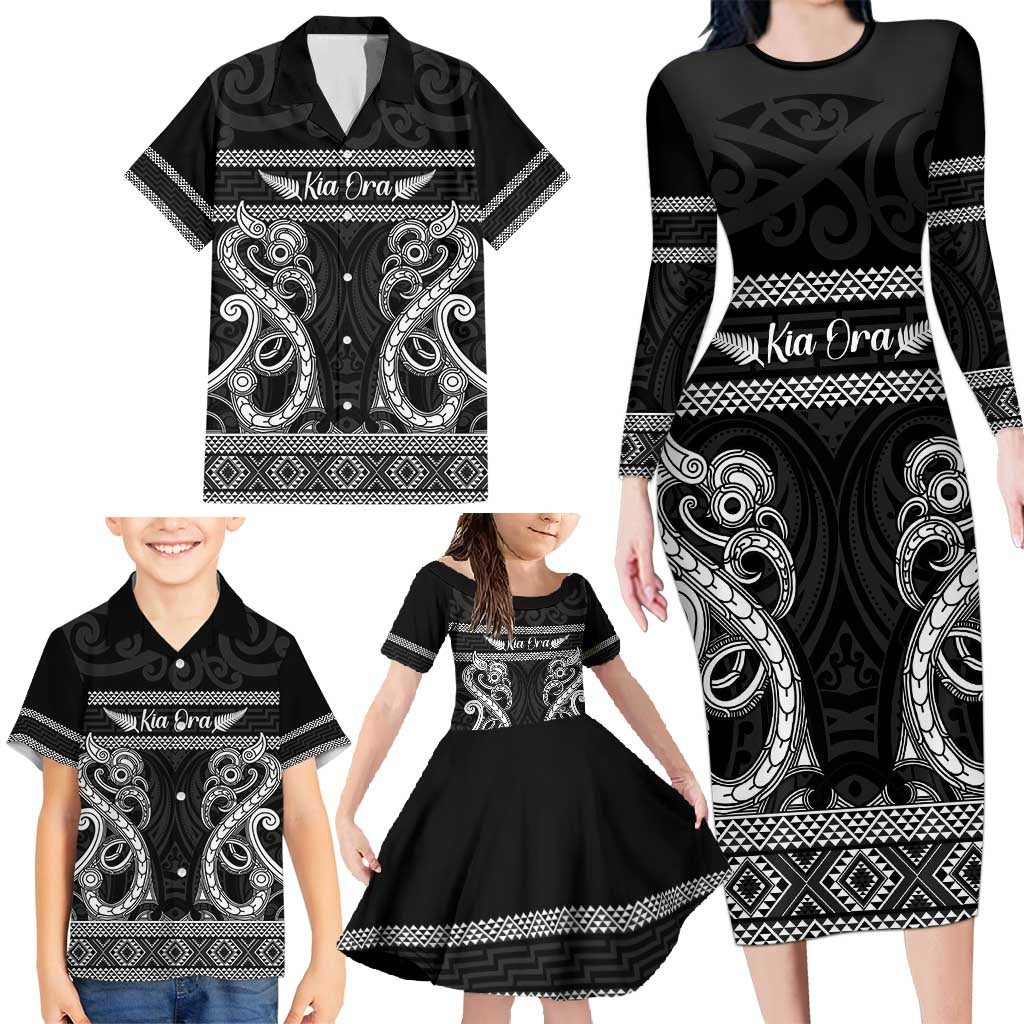 Kia Ora New Zealand Family Matching Long Sleeve Bodycon Dress and Hawaiian Shirt Maori Language Week Pango Taniko Motif - Polynesian Pride
