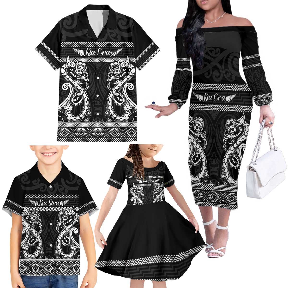 Kia Ora New Zealand Family Matching Off The Shoulder Long Sleeve Dress and Hawaiian Shirt Maori Language Week Pango Taniko Motif - Polynesian Pride