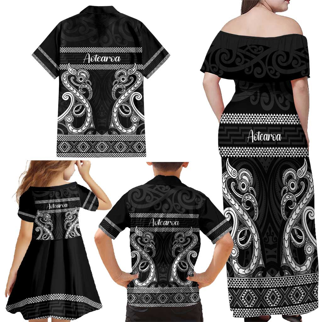 Kia Ora New Zealand Family Matching Off Shoulder Maxi Dress and Hawaiian Shirt Maori Language Week Pango Taniko Motif - Polynesian Pride