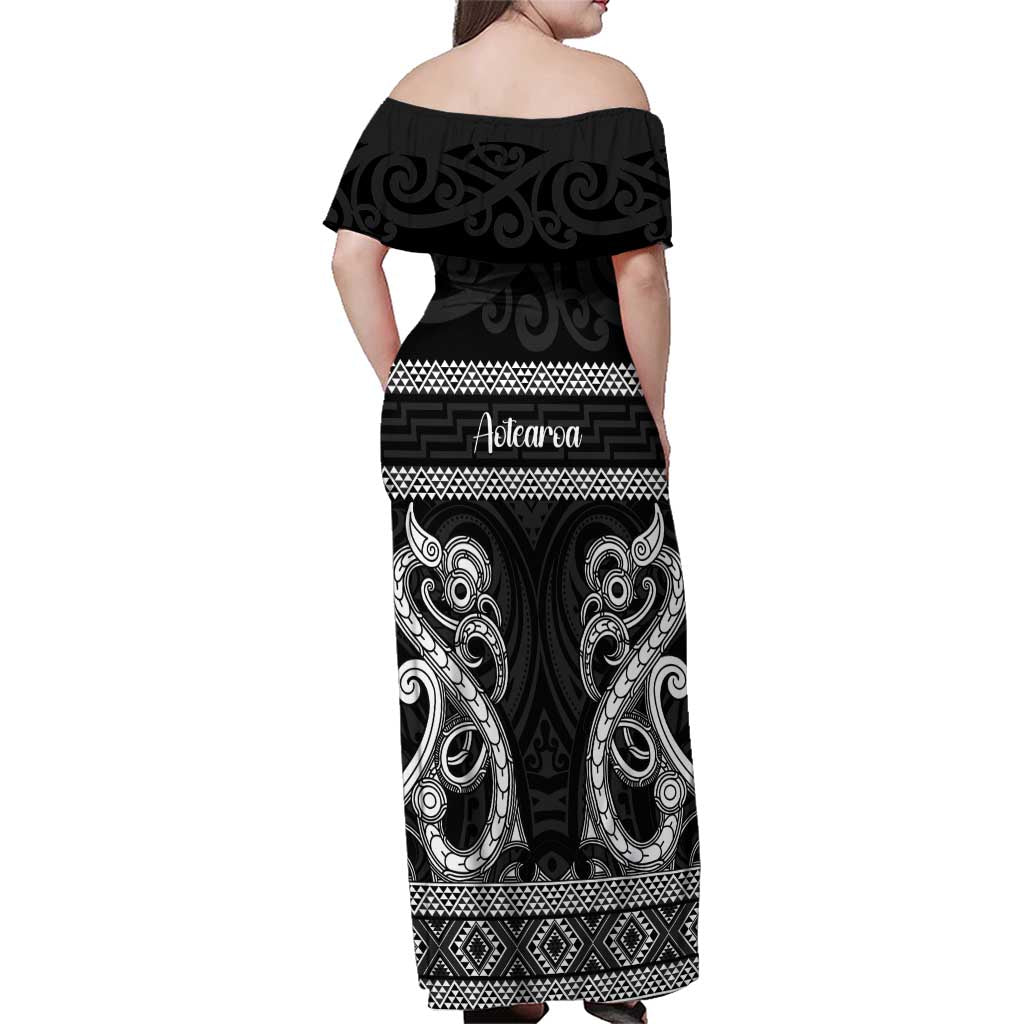Kia Ora New Zealand Family Matching Off Shoulder Maxi Dress and Hawaiian Shirt Maori Language Week Pango Taniko Motif - Polynesian Pride