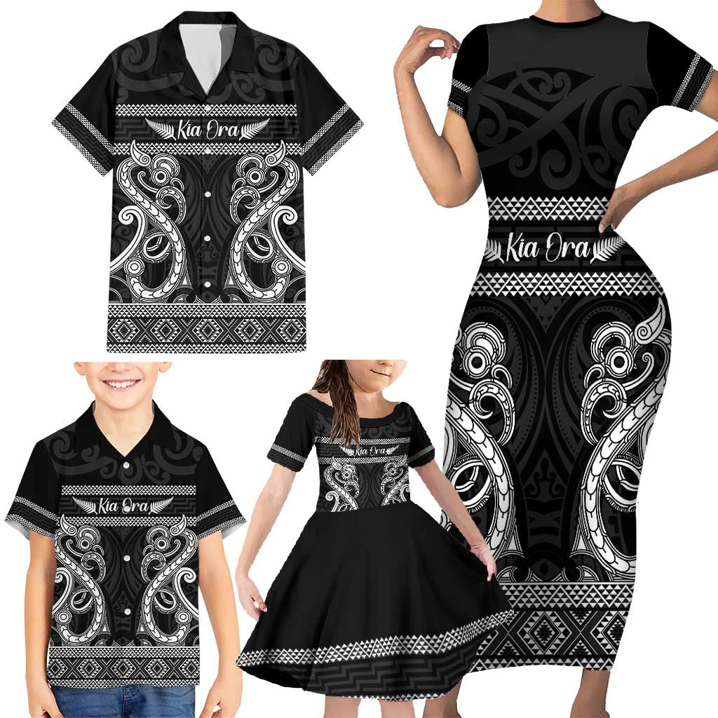 Kia Ora New Zealand Family Matching Short Sleeve Bodycon Dress and Hawaiian Shirt Maori Language Week Pango Taniko Motif - Polynesian Pride