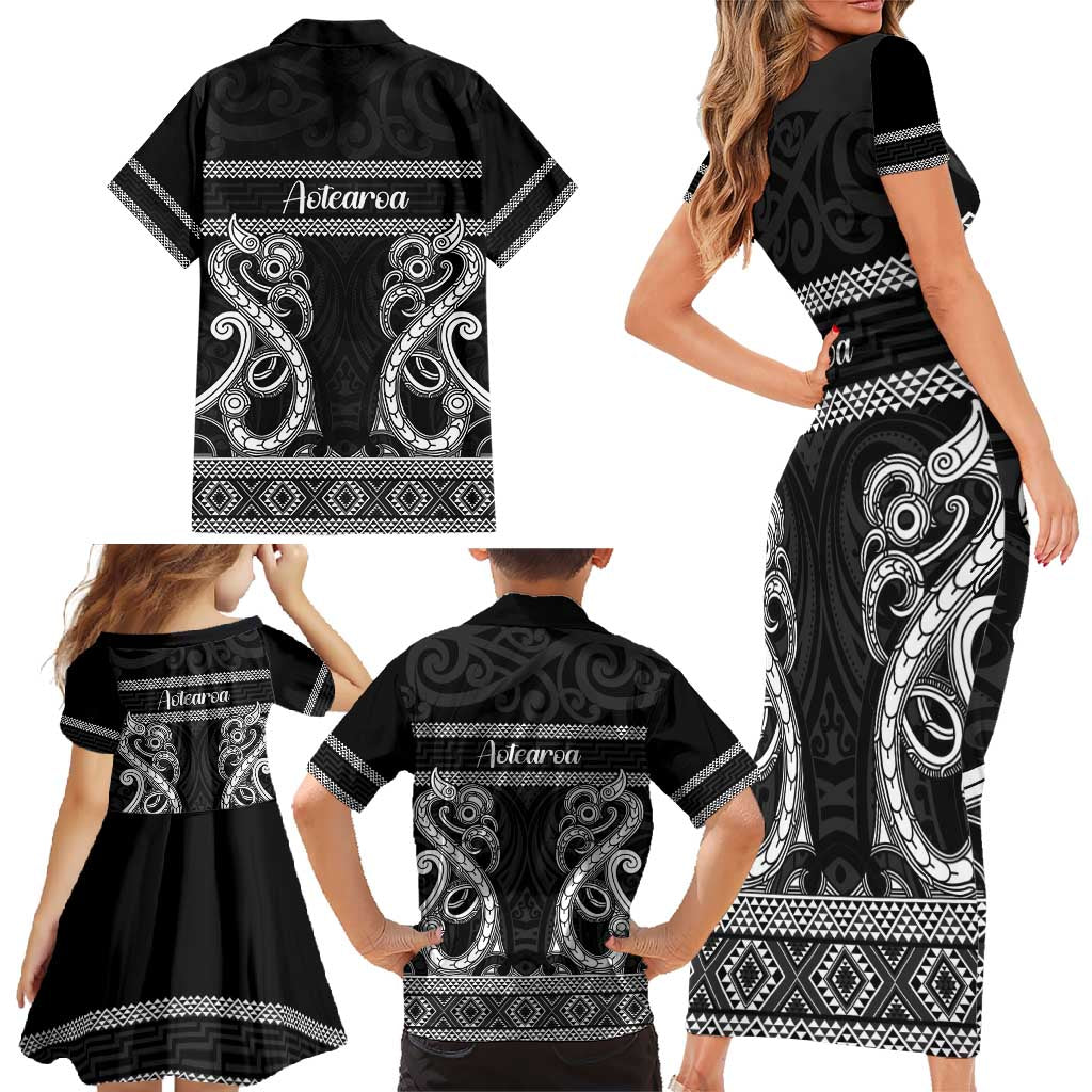 Kia Ora New Zealand Family Matching Short Sleeve Bodycon Dress and Hawaiian Shirt Maori Language Week Pango Taniko Motif - Polynesian Pride