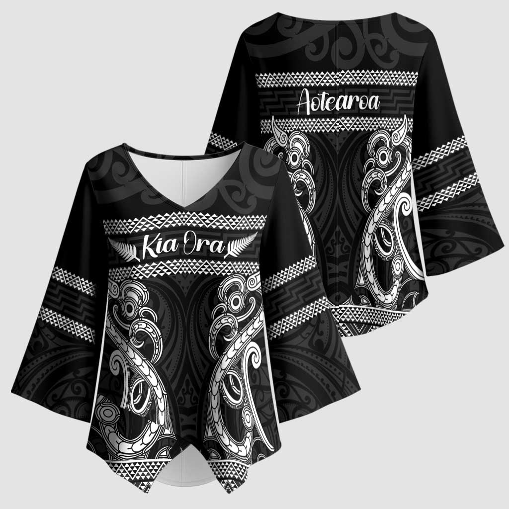 Kia Ora New Zealand Kimono Sleeve Blouse Maori Language Week Pango Taniko Motif - Polynesian Pride