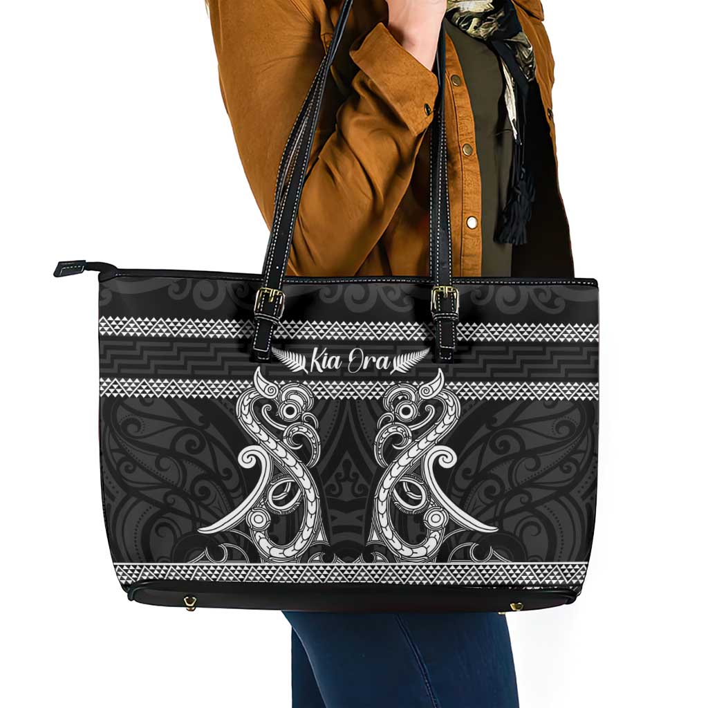 Kia Ora New Zealand Leather Tote Bag Maori Language Week Pango Taniko Motif - Polynesian Pride