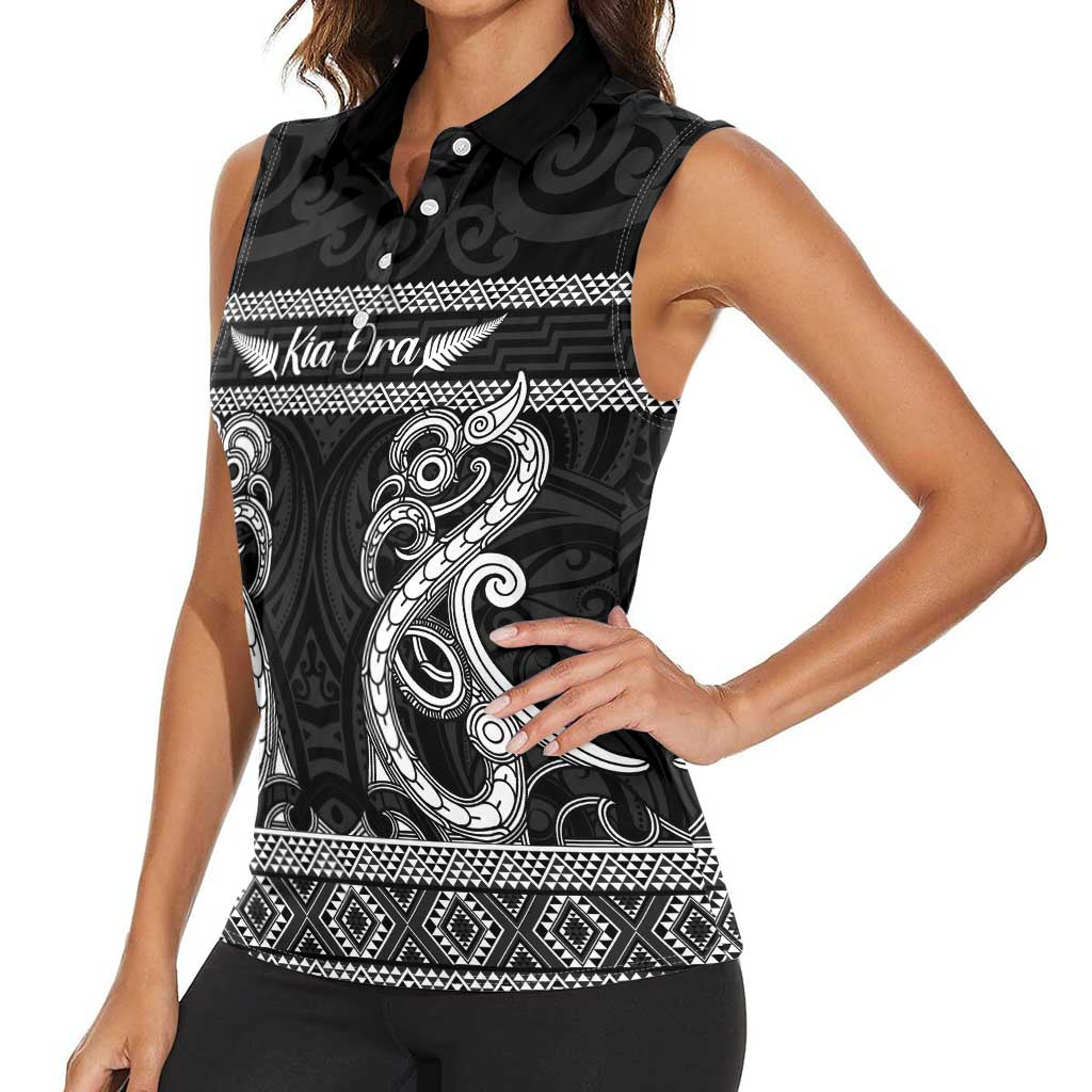 Kia Ora New Zealand Women Sleeveless Polo Shirt Maori Language Week Pango Taniko Motif - Polynesian Pride