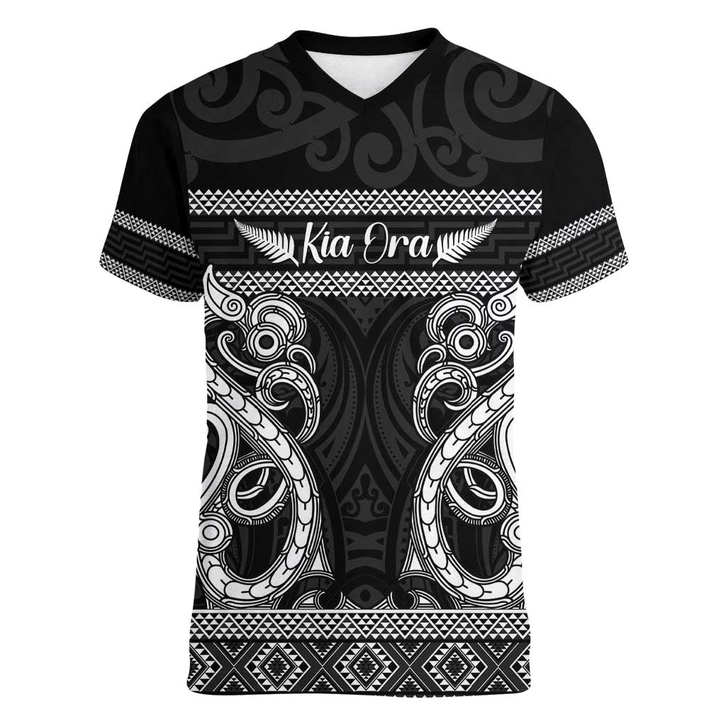 Kia Ora New Zealand Women V-Neck T-Shirt Maori Language Week Pango Taniko Motif - Polynesian Pride