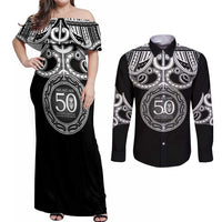 Kia Kaha Te Reo Maori New Zealand Couples Matching Off Shoulder Maxi Dress and Long Sleeve Button Shirt 50th Anniversary Ake Ake Ake - Polynesian Pride