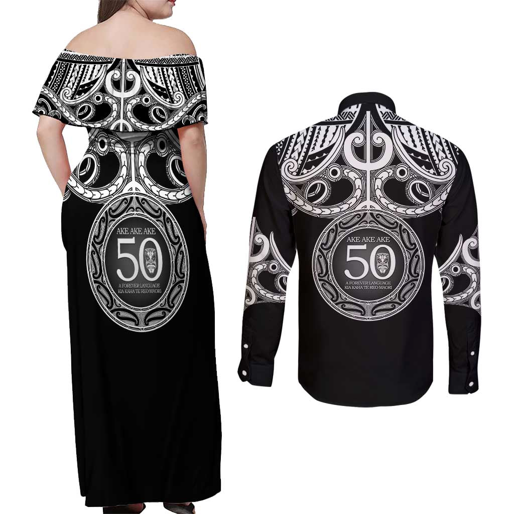 Kia Kaha Te Reo Maori New Zealand Couples Matching Off Shoulder Maxi Dress and Long Sleeve Button Shirt 50th Anniversary Ake Ake Ake - Polynesian Pride
