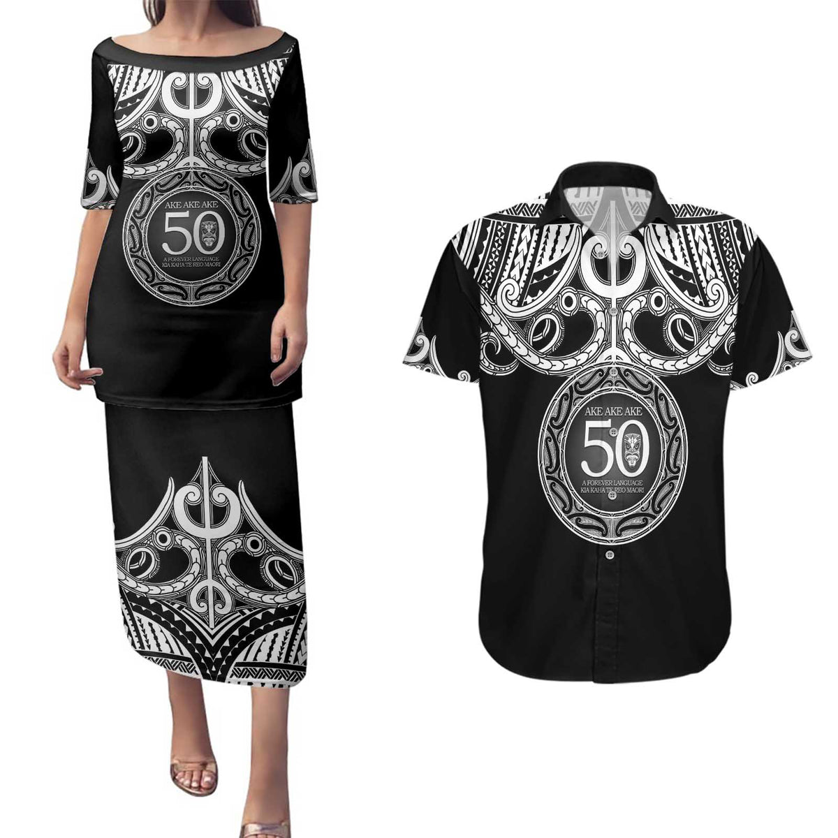 Kia Kaha Te Reo Maori New Zealand Couples Matching Puletasi and Hawaiian Shirt 50th Anniversary Ake Ake Ake - Polynesian Pride
