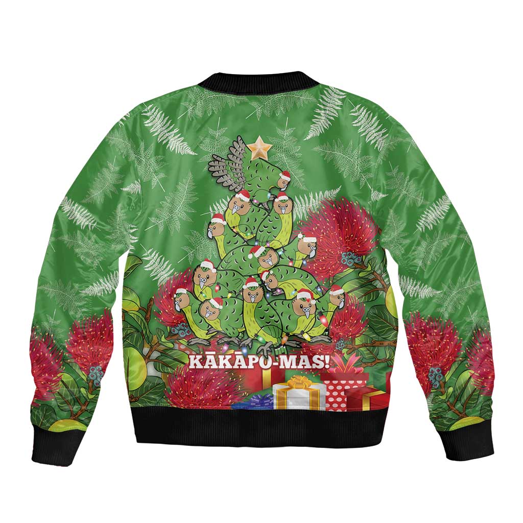 Kakapo New Zealand Christmas Bomber Jacket Meri Kirihimete Pohutukawa - Green Color