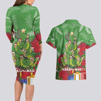 Kakapo New Zealand Christmas Couples Matching Long Sleeve Bodycon Dress and Hawaiian Shirt Meri Kirihimete Pohutukawa - Green Color