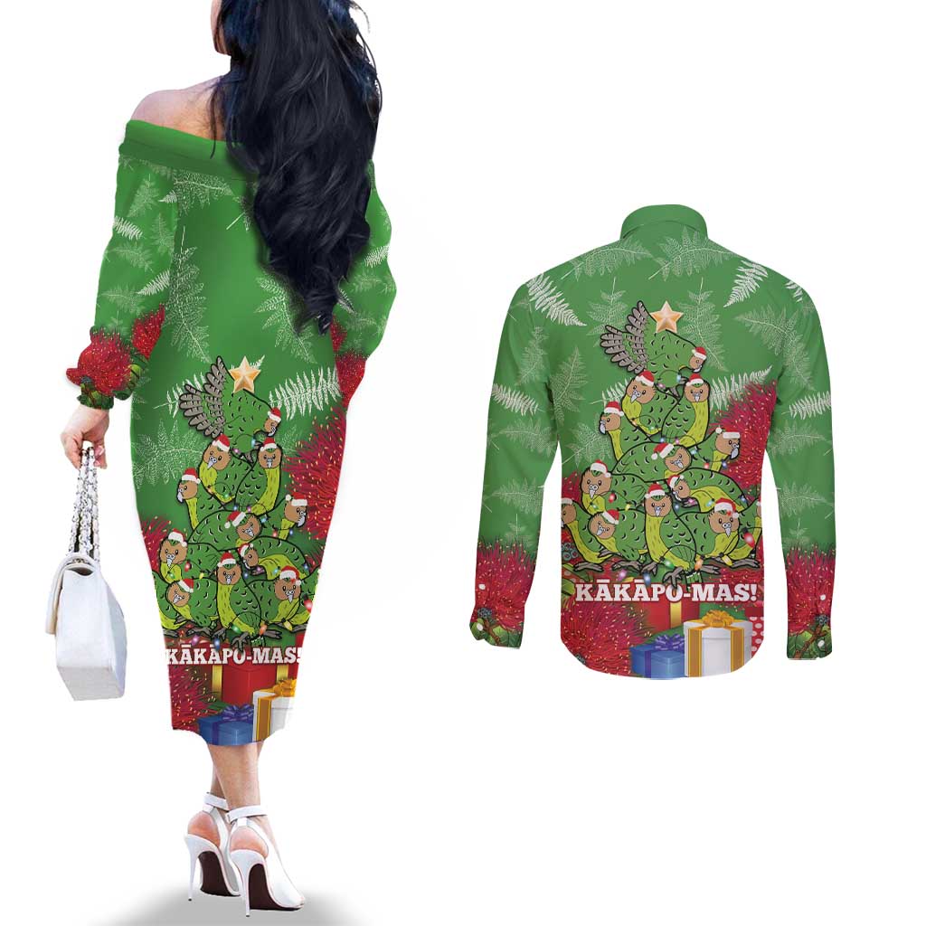 Kakapo New Zealand Christmas Couples Matching Off The Shoulder Long Sleeve Dress and Long Sleeve Button Shirt Meri Kirihimete Pohutukawa - Green Color