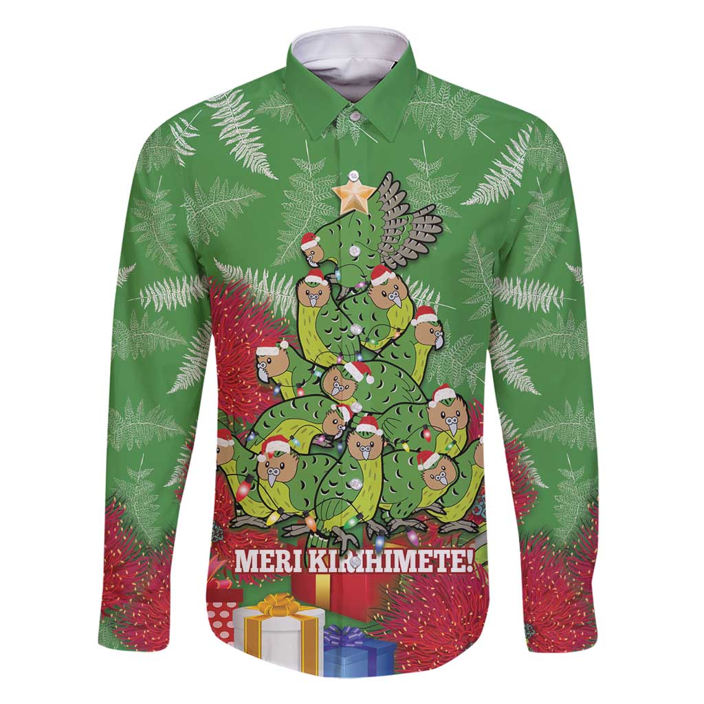 Kakapo New Zealand Christmas Family Matching Mermaid Dress and Hawaiian Shirt Meri Kirihimete Pohutukawa - Green Color LT14 Dad's Shirt - Long Sleeve Green - Polynesian Pride