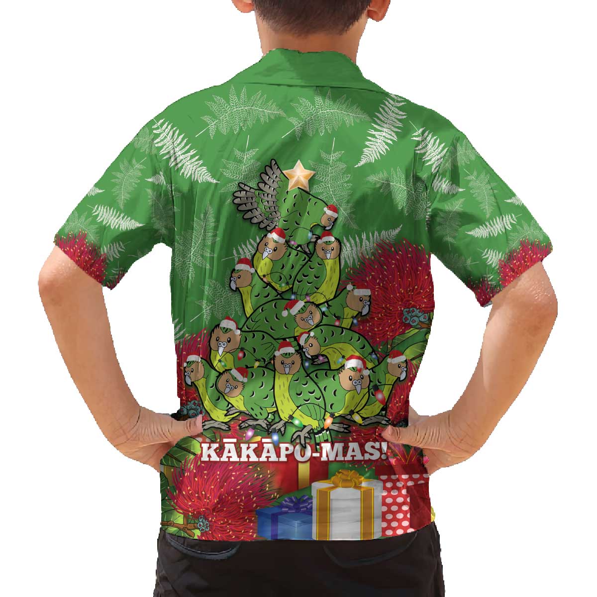 Kakapo New Zealand Christmas Family Matching Off The Shoulder Long Sleeve Dress and Hawaiian Shirt Meri Kirihimete Pohutukawa - Green Color