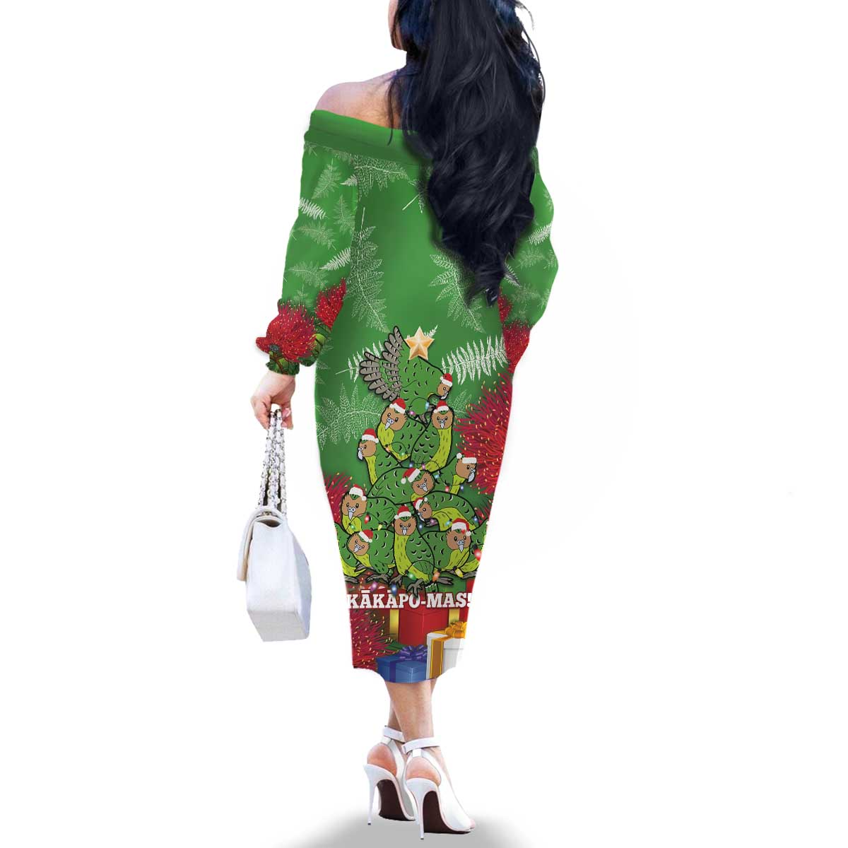 Kakapo New Zealand Christmas Family Matching Off The Shoulder Long Sleeve Dress and Hawaiian Shirt Meri Kirihimete Pohutukawa - Green Color