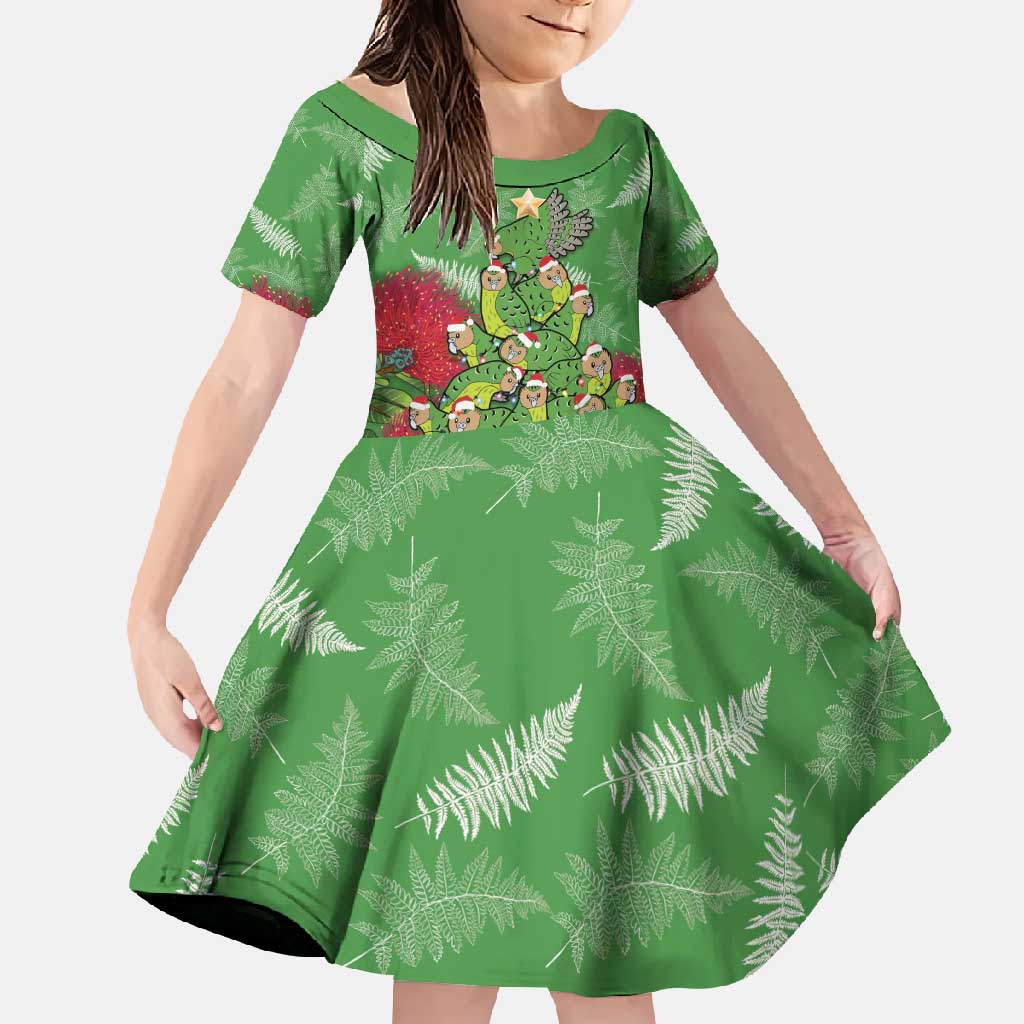 Kakapo New Zealand Christmas Family Matching Tank Maxi Dress and Hawaiian Shirt Meri Kirihimete Pohutukawa - Green Color LT14 Daughter's Dress Green - Polynesian Pride