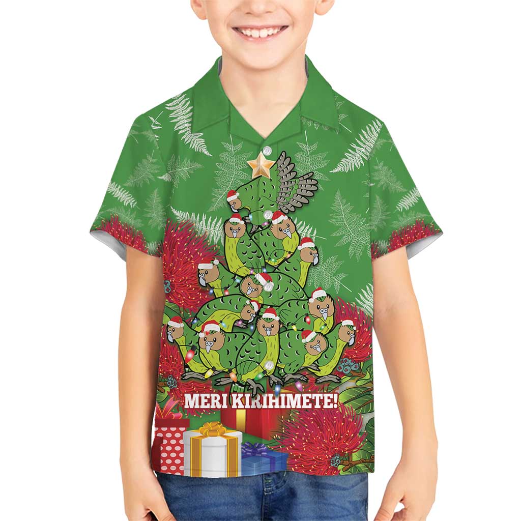 Kakapo New Zealand Christmas Family Matching Tank Maxi Dress and Hawaiian Shirt Meri Kirihimete Pohutukawa - Green Color LT14 Son's Shirt Green - Polynesian Pride