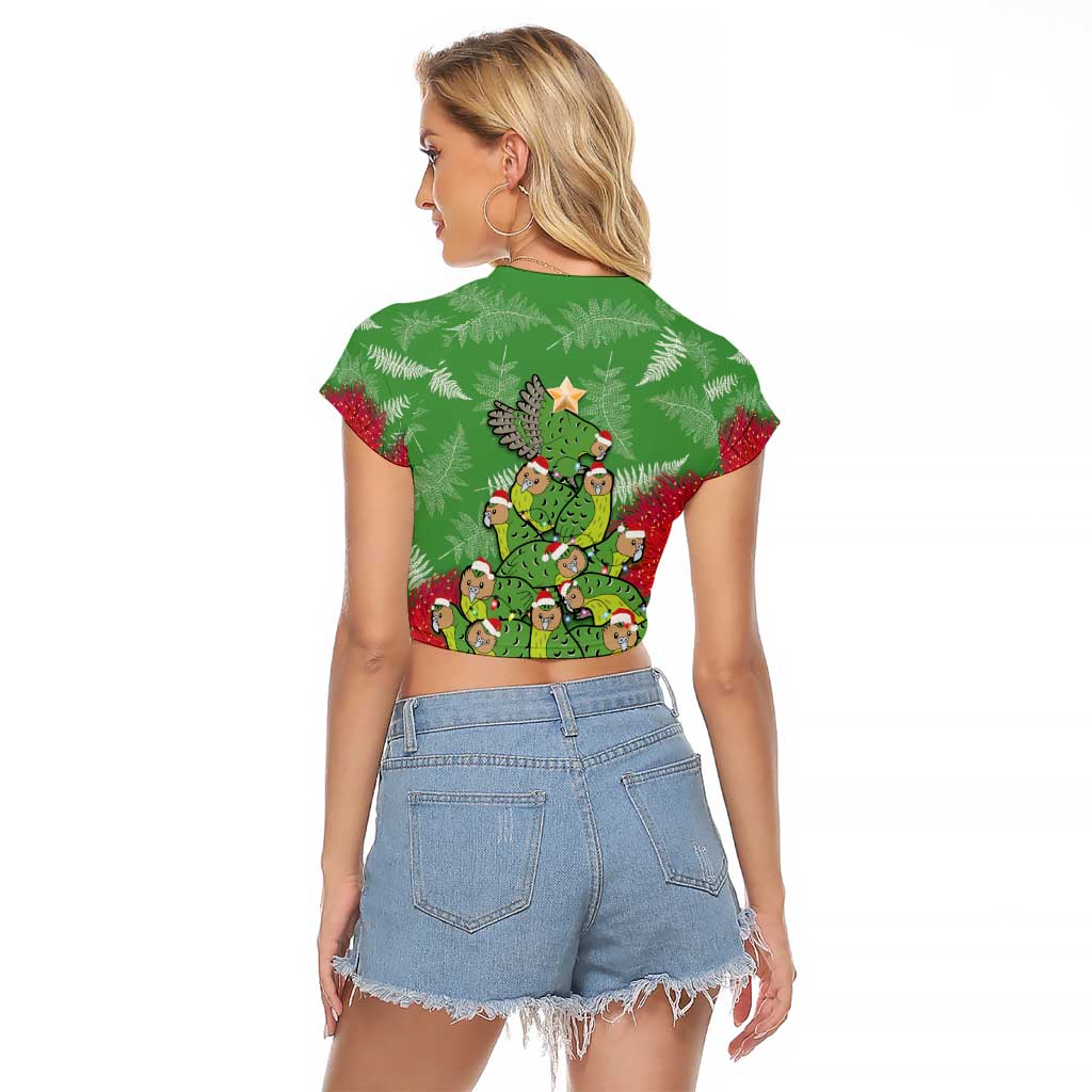 Kakapo New Zealand Christmas Raglan Cropped T Shirt Meri Kirihimete Pohutukawa - Green Color