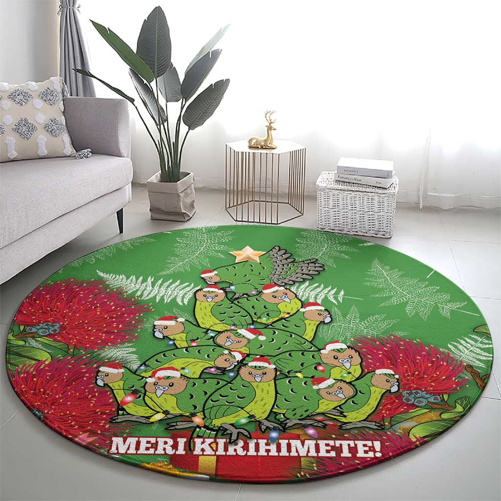 Kakapo New Zealand Christmas Round Carpet Meri Kirihimete Pohutukawa - Green Color