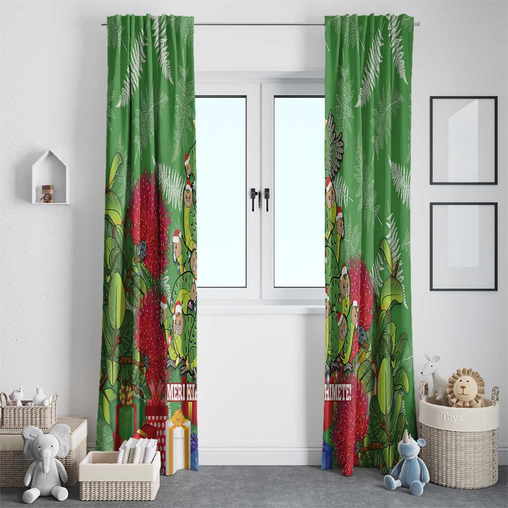 Kakapo New Zealand Christmas Window Curtain Meri Kirihimete Pohutukawa - Green Color