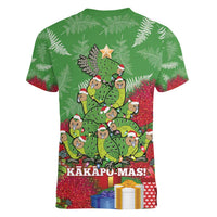 Kakapo New Zealand Christmas Women V-Neck T-Shirt Meri Kirihimete Pohutukawa - Green Color