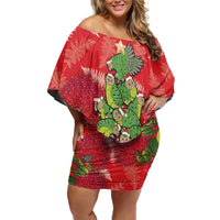 Kakapo New Zealand Christmas Family Matching Off Shoulder Short Dress and Hawaiian Shirt Meri Kirihimete Pohutukawa - Red Color
