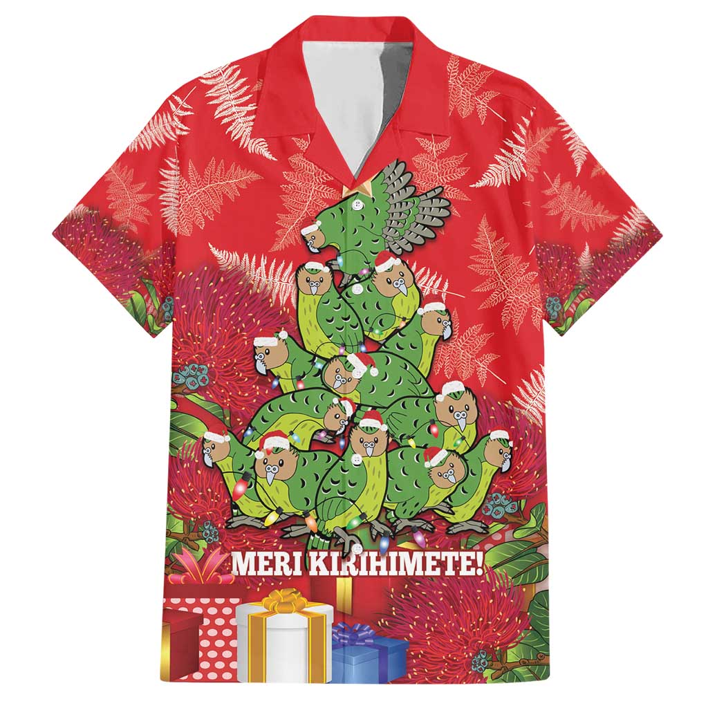 Kakapo New Zealand Christmas Family Matching Short Sleeve Bodycon Dress and Hawaiian Shirt Meri Kirihimete Pohutukawa - Red Color