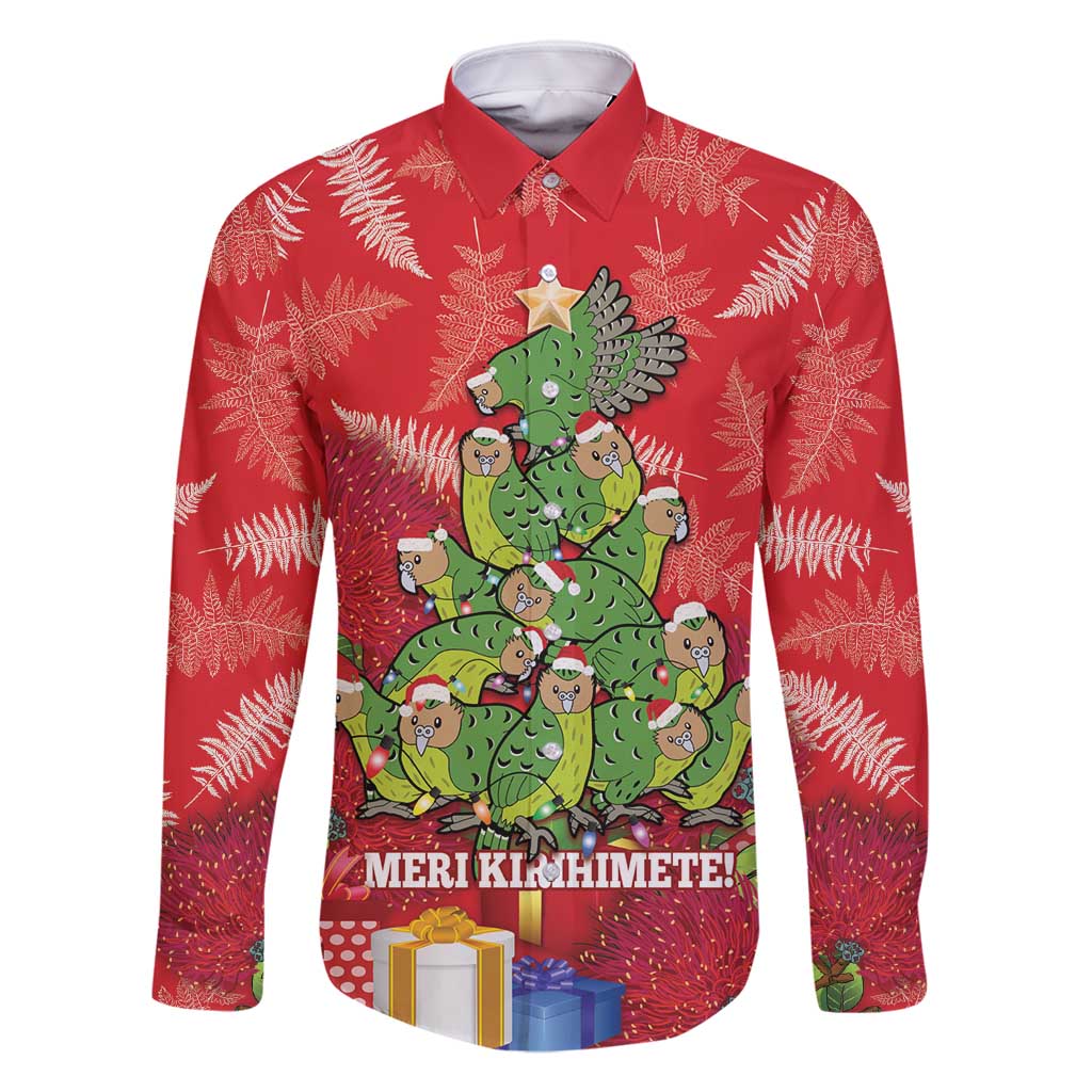 Kakapo New Zealand Christmas Family Matching Tank Maxi Dress and Hawaiian Shirt Meri Kirihimete Pohutukawa - Red Color LT14 Dad's Shirt - Long Sleeve Red - Polynesian Pride