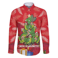 Kakapo New Zealand Christmas Family Matching Tank Maxi Dress and Hawaiian Shirt Meri Kirihimete Pohutukawa - Red Color LT14 Dad's Shirt - Long Sleeve Red - Polynesian Pride