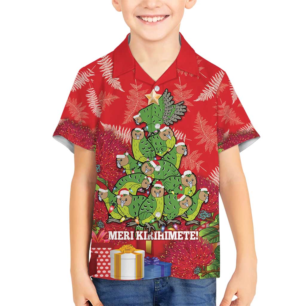 Kakapo New Zealand Christmas Family Matching Tank Maxi Dress and Hawaiian Shirt Meri Kirihimete Pohutukawa - Red Color LT14 Son's Shirt Red - Polynesian Pride