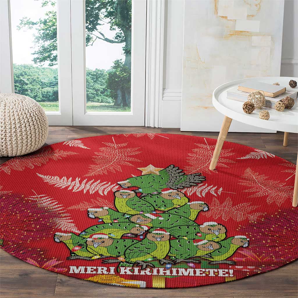 Kakapo New Zealand Christmas Round Carpet Meri Kirihimete Pohutukawa - Red Color