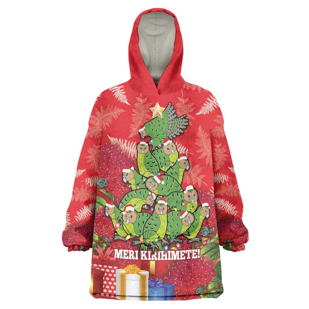 Kakapo New Zealand Christmas Wearable Blanket Hoodie Meri Kirihimete Pohutukawa - Red Color LT14 One Size Red - Polynesian Pride